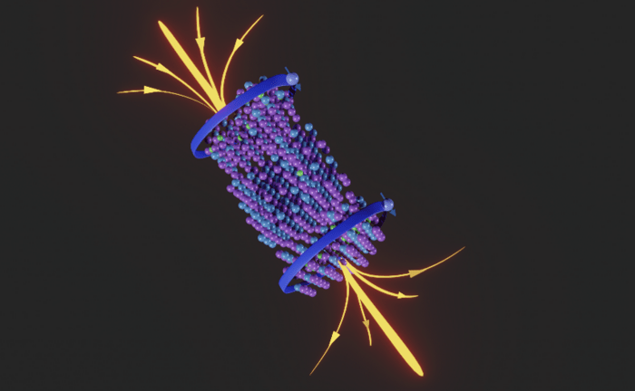 Researchers at the University of Chicago have tested a possible new semiconductor. Scientists showed how MnBi6Te10, shown here in purple (tellurium), blue (bismuth) and green (manganese), can act as a magnetic topological insulator, conducting electrical current (blue) along a “quantum highway” without losing energy. The study revealed that a concerted action of different material defects is key to the quantum electronic properties. (Courtesy of Yang Lab)