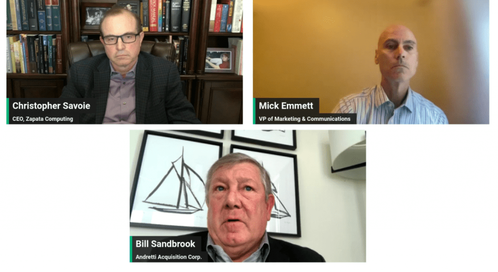 Screen capture from Feb. 8 Zapata AI webinar for analysts and investors. Pictured are Zapata CEO Christopher Savoie, Zapata VP of Marketing and Communications Mick Emmett, and Andretti Acquisition Corp. Co-CEO Bill Sandbrook.